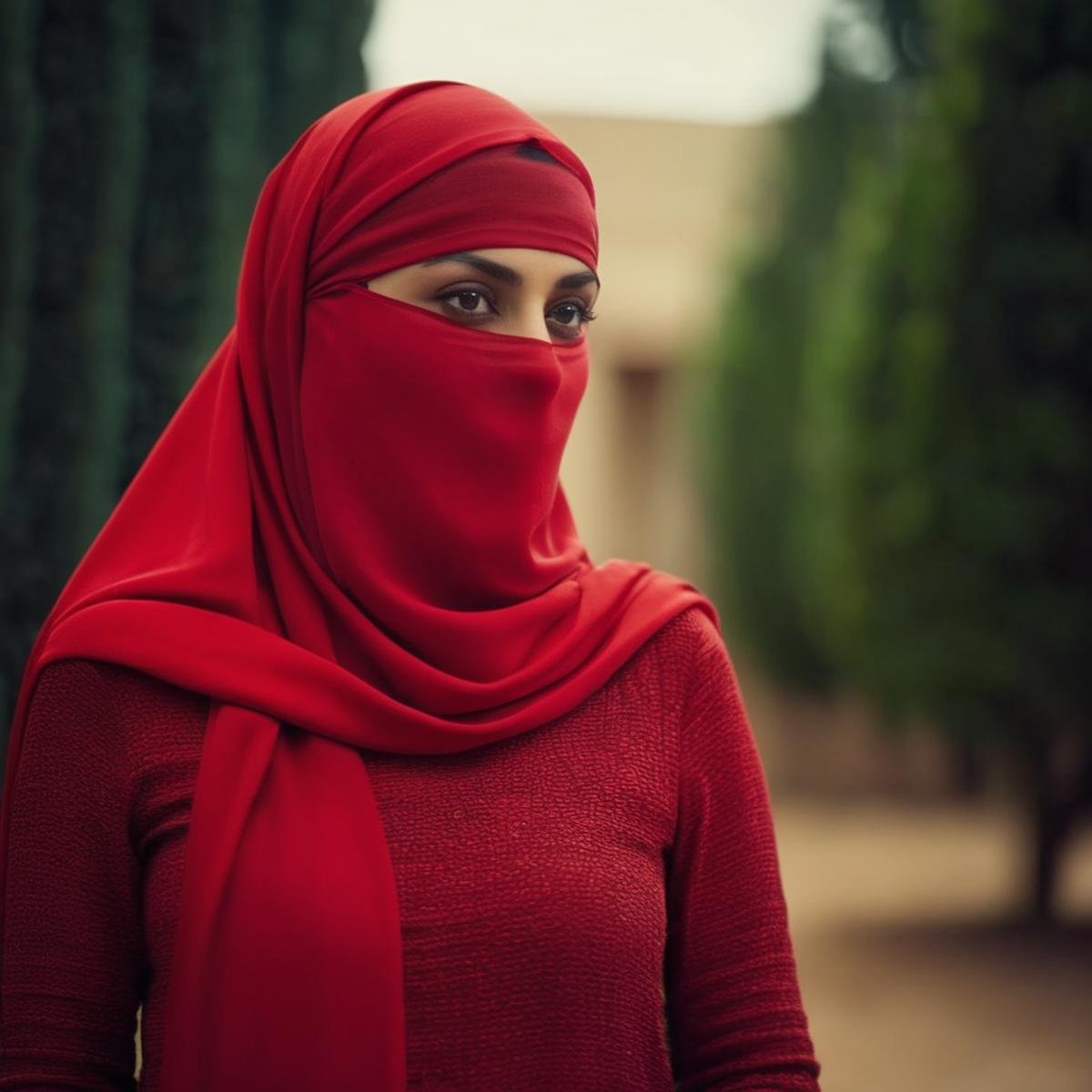 cinematic film still of  <lora:burqa:1>a very hot naked woman in a red scarlet niqāb and a scarf burqa style, shallow depth of field, vignette, highly detailed, high budget, bokeh, cinemascope, moody, epic, gorgeous, film grain, grainy