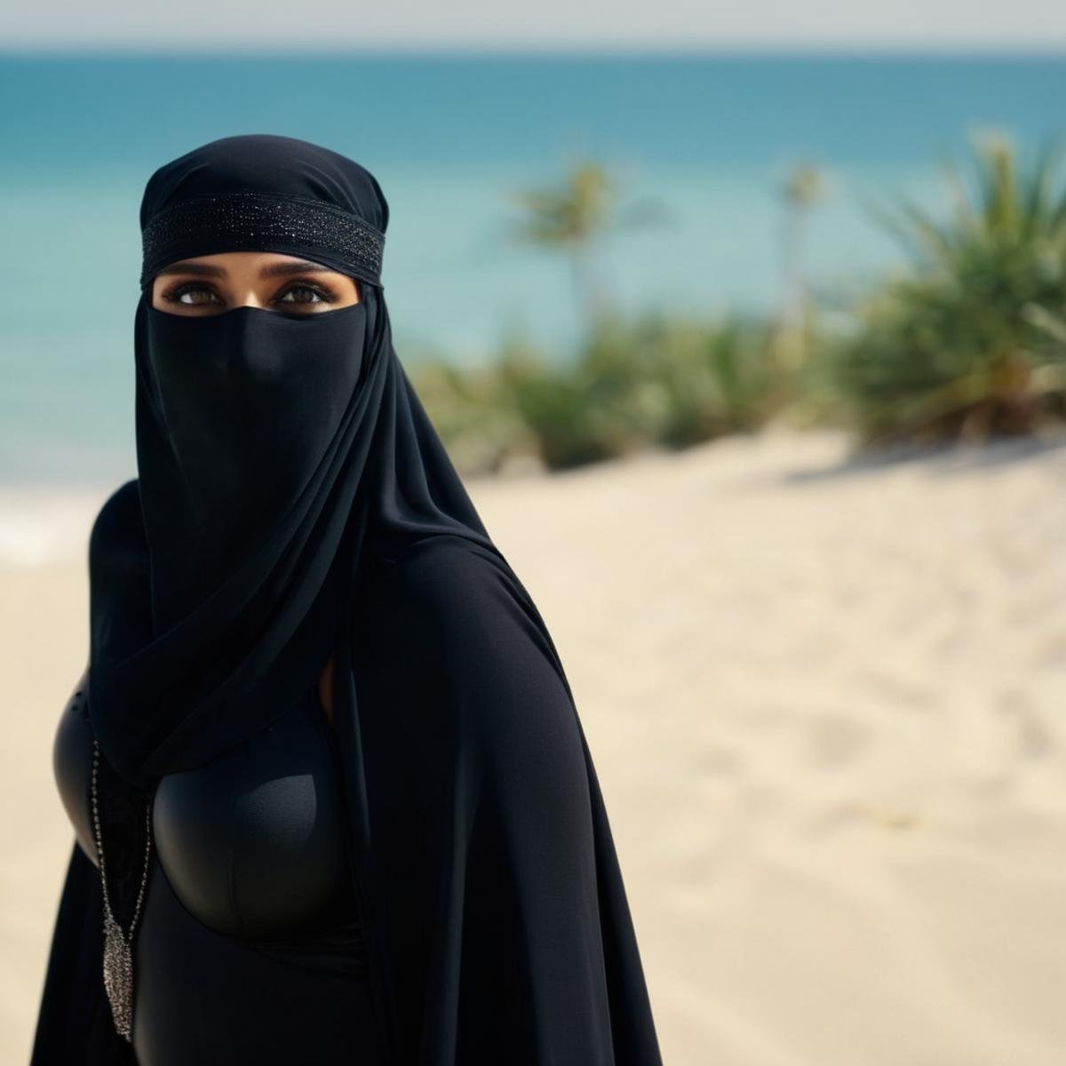 cinematic film still of  <lora:burqa:1>a woman in a black niqāb and sexy bikini on the beach burqa style, shallow depth of field, vignette, highly detailed, high budget, bokeh, cinemascope, moody, epic, gorgeous, film grain, grainy