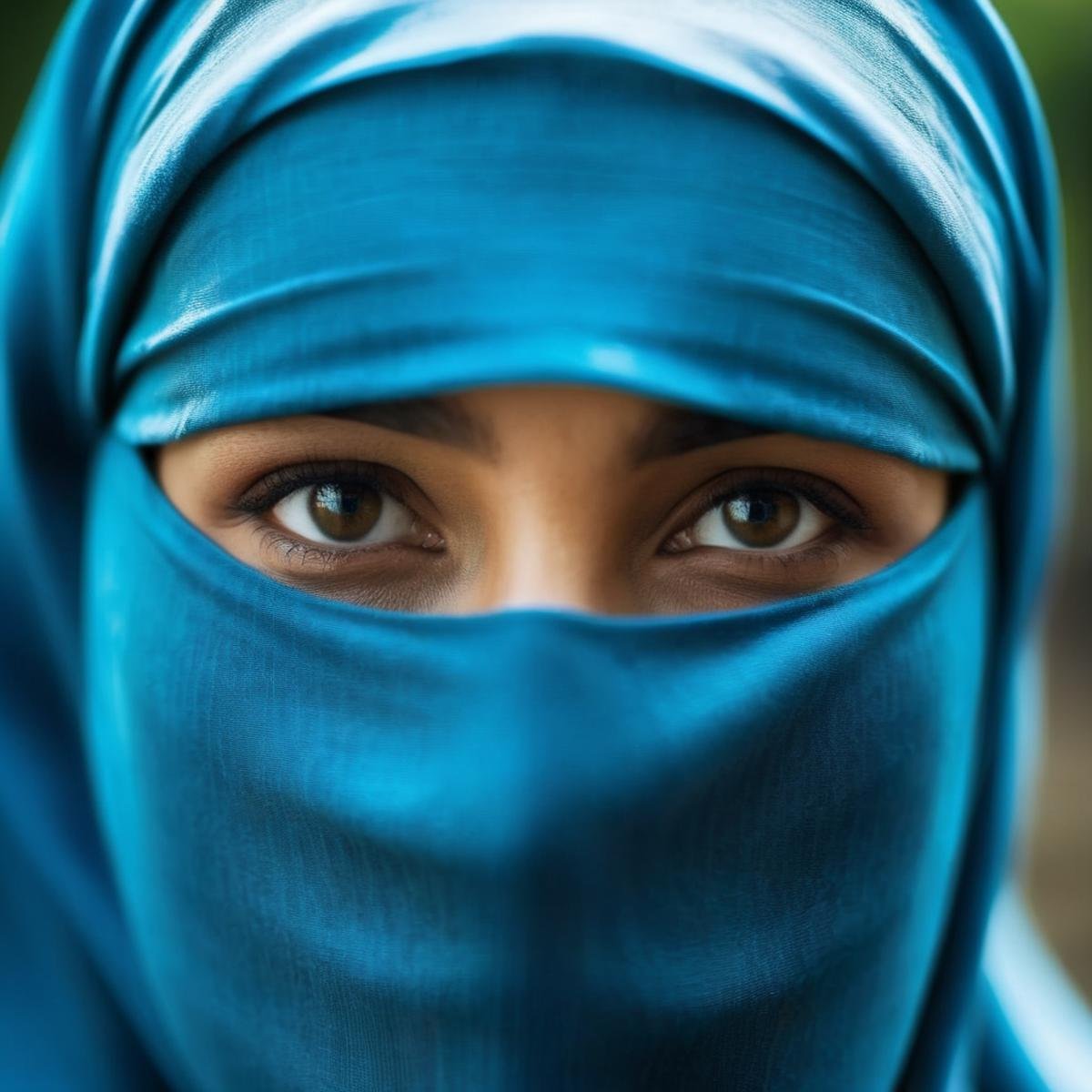 cinematic film still of  <lora:burqa:1>a woman in a blue burqa covering her face burqa style, shallow depth of field, vignette, highly detailed, high budget, bokeh, cinemascope, moody, epic, gorgeous, film grain, grainy