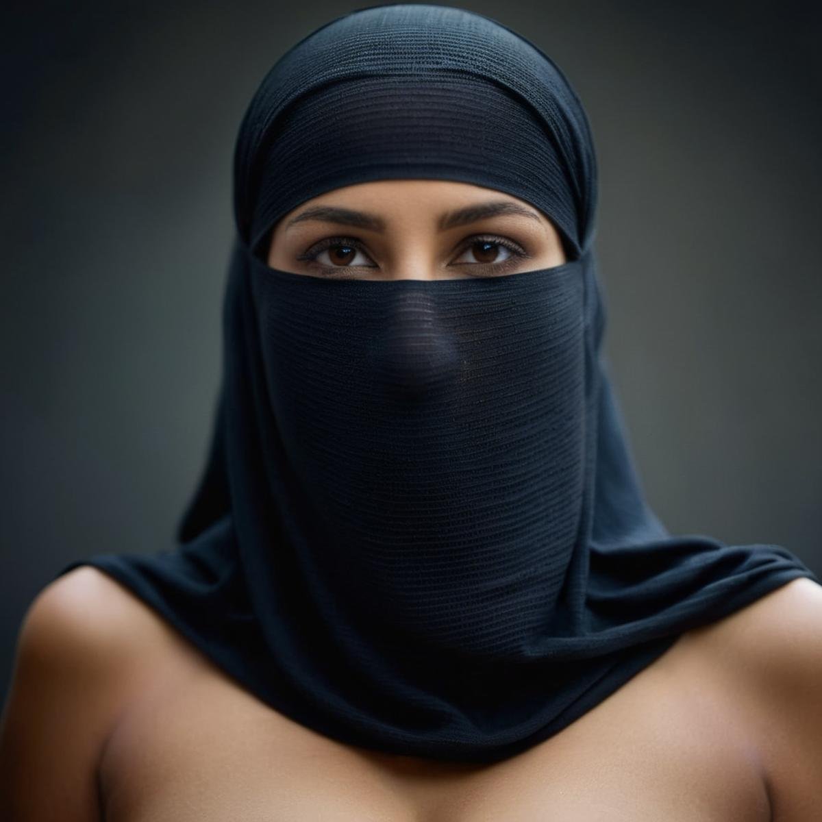 cinematic film still of  <lora:burqa:1>a naked breasts woman with a niqāb on her head burqa style, shallow depth of field, vignette, highly detailed, high budget, bokeh, cinemascope, moody, epic, gorgeous, film grain, grainy