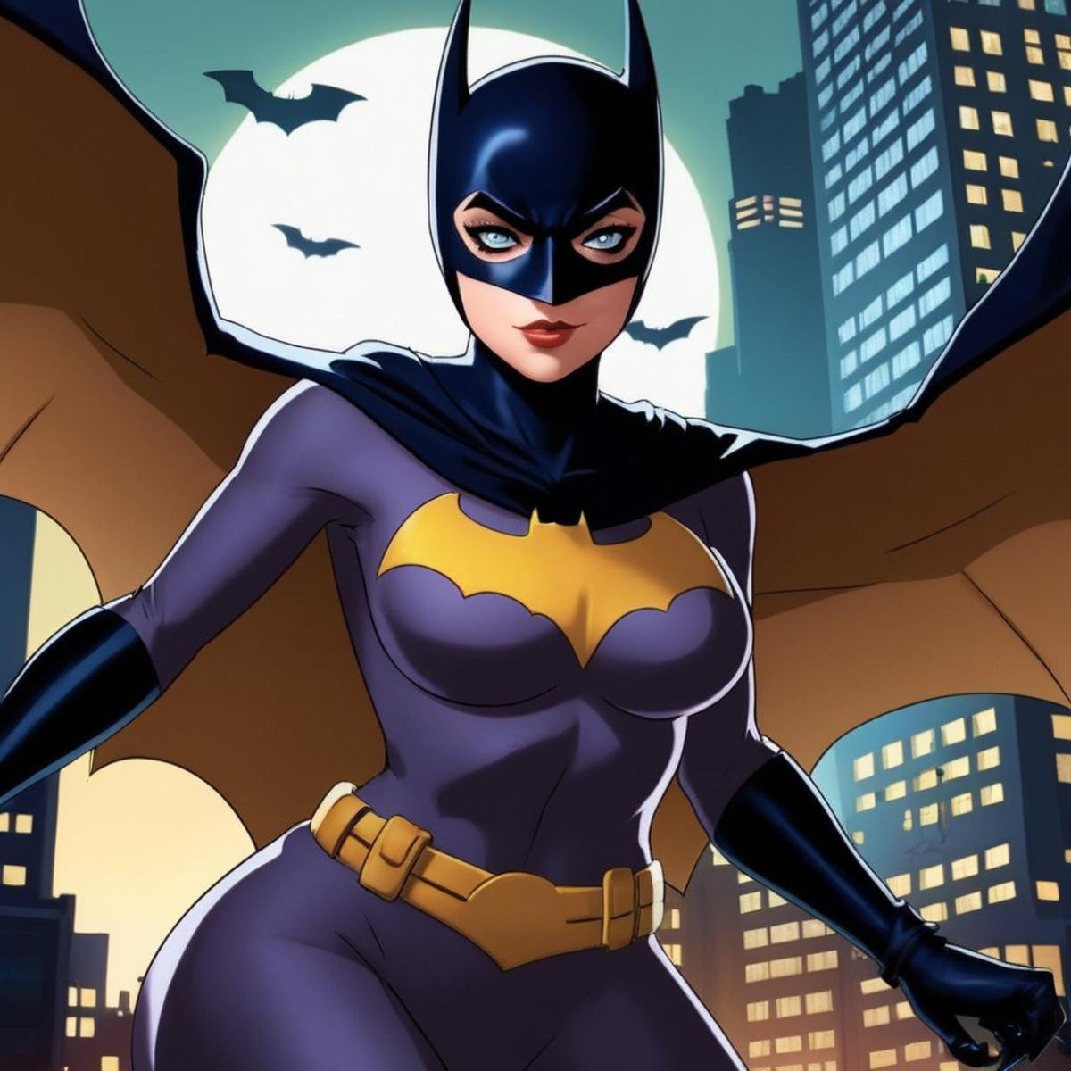 anime artwork of Batgirl a cartoon of a naked breasts woman with a bat mask In Gotham City Universe,  anime style,  key vi...