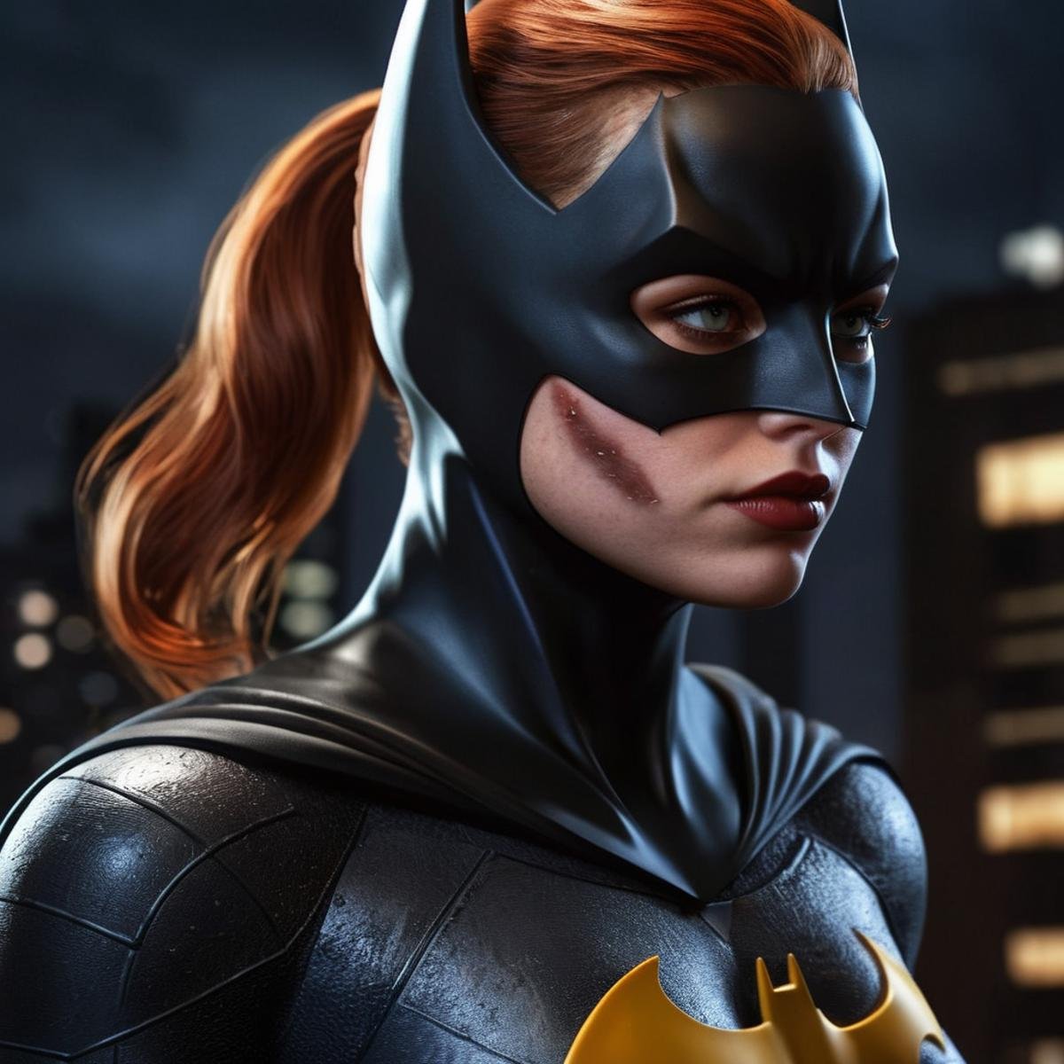 Hyperrealistic art of Batgirl a woman wearing a batman mask with a scar wound In Gotham City Universe,  Extremely high-res...