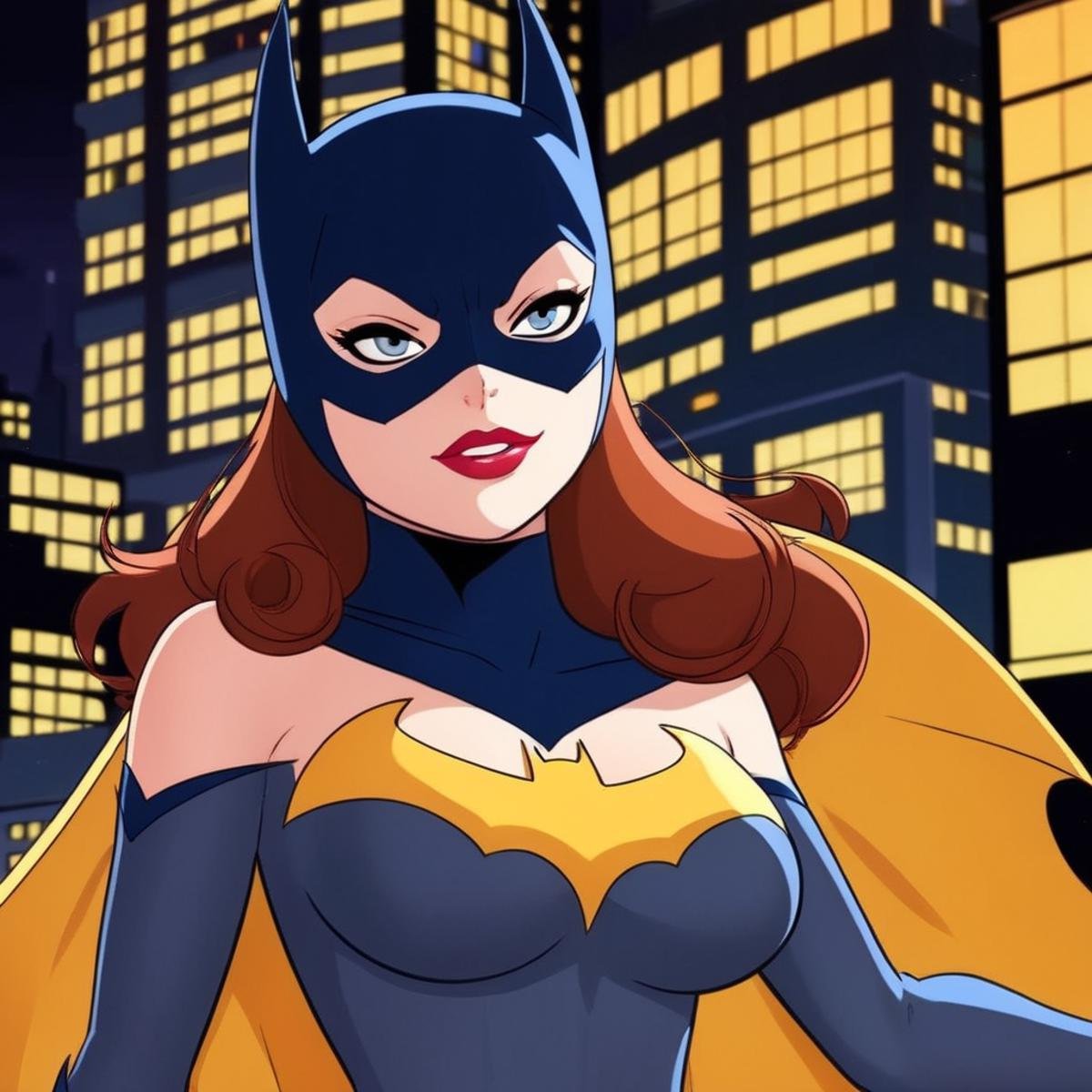 anime artwork of Batgirl a naked breasts cartoon woman in a underwear costume In Gotham City Universe,  anime style,  key...