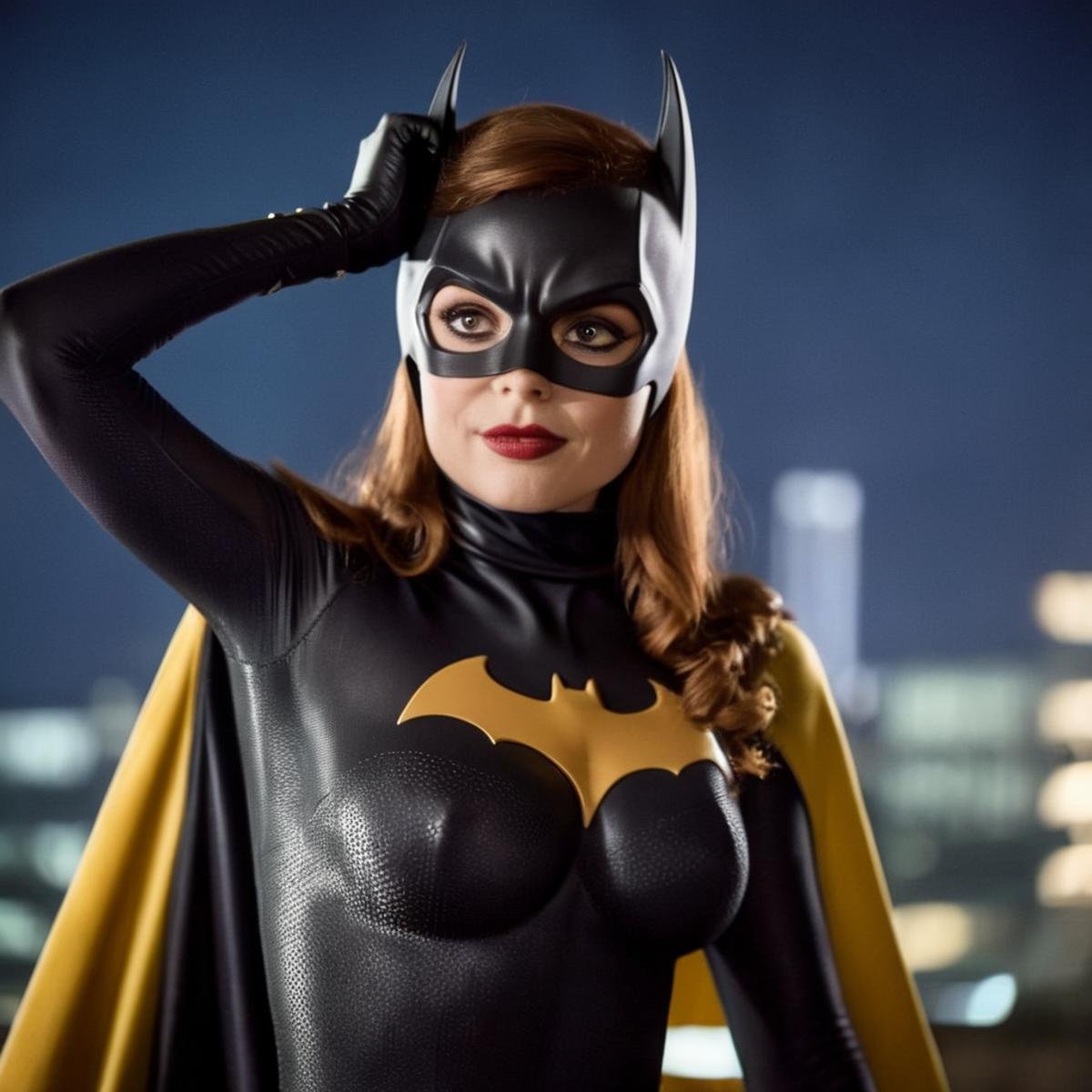 cinematic film still of Batgirl a naked breasts cartoon of a woman in a batman costume In Gotham City Universe ,  shallow...