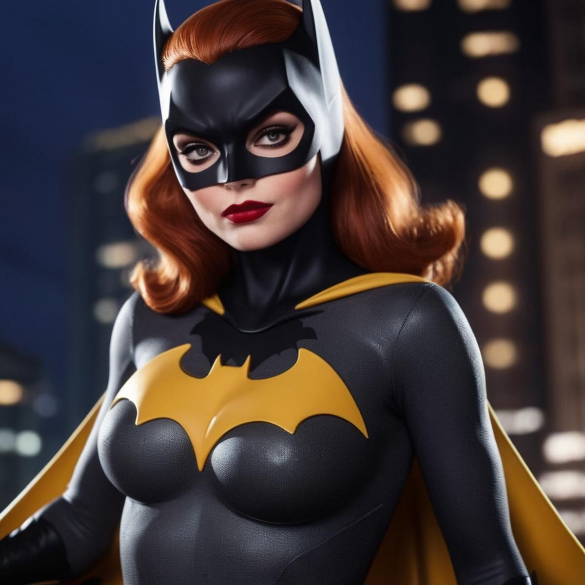 cinematic film still of Batgirl a naked breasts cartoon of a woman in a batman costume In Gotham City Universe,  shallow d...