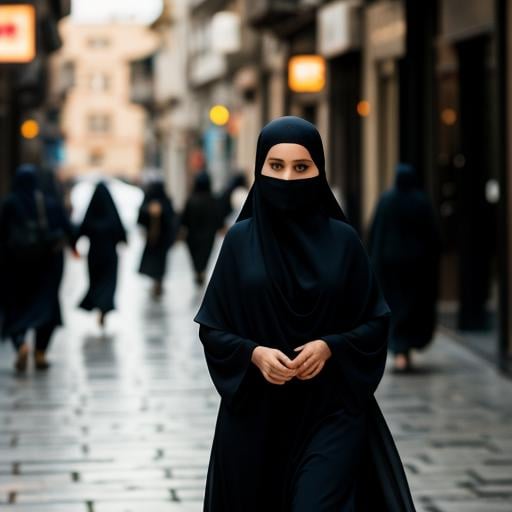 cinematic film still of  <lora:1.5_burqa:1>a woman in a burkah is walking down the street burqa style, shallow depth of field, vignette, highly detailed, high budget, bokeh, cinemascope, moody, epic, gorgeous, film grain, grainy