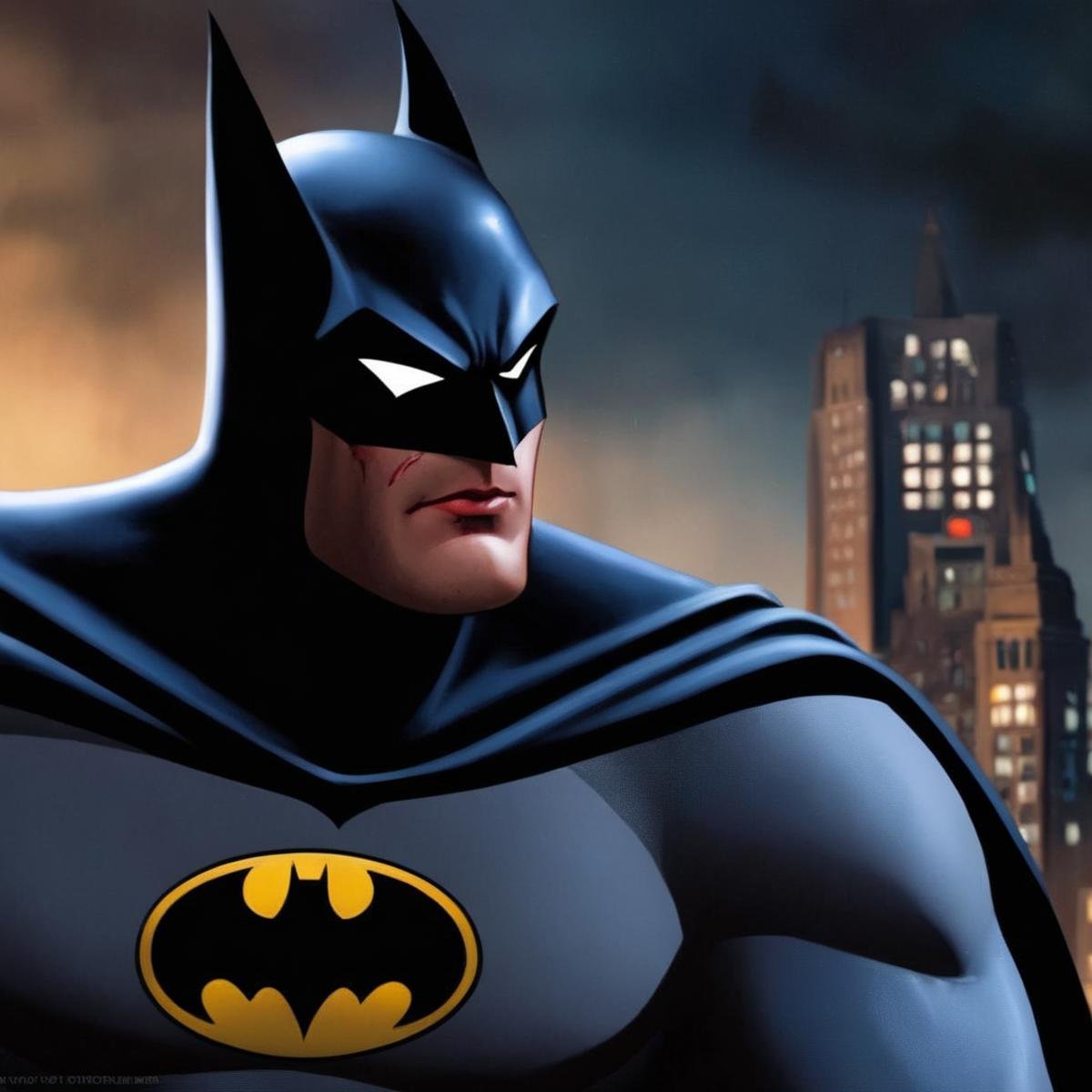 Hyperrealistic art of Batman a cartoon batman with a bloody face In Gotham City Universe,  Extremely high-resolution detai...