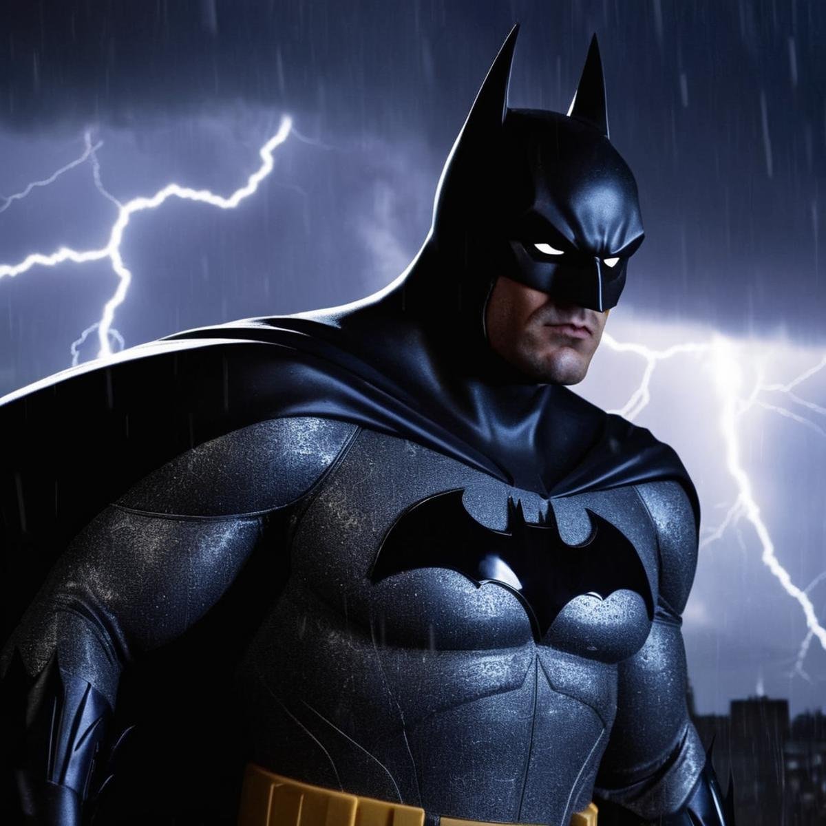 Gothic style,  a closeup on batman silhouetted standing in front of a lightning bolt in stormy rainy weather In Gotham Cit...