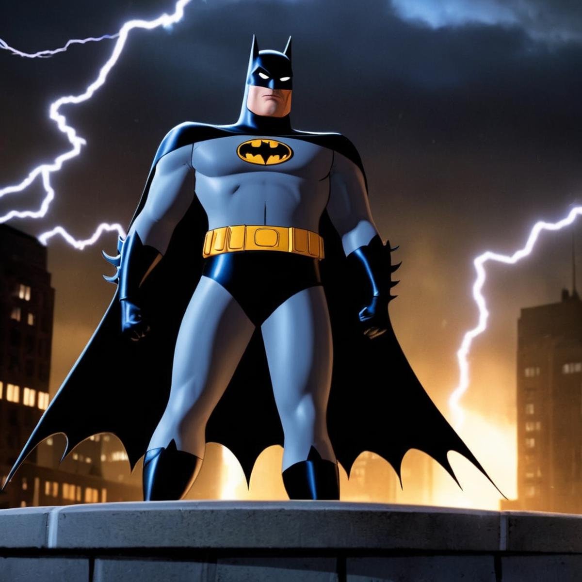 Hyperrealistic art of Batman a cartoon batman standing in front of a lightning bolt In Gotham City Universe,  Extremely hi...