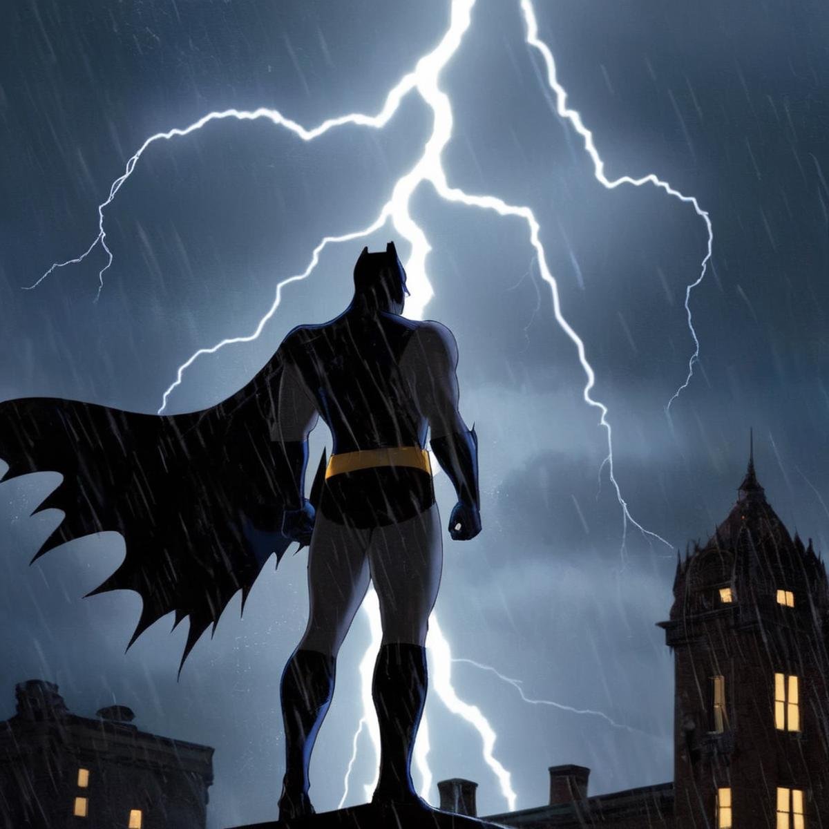 Gothic style,  a naked batman silhouetted standing in front of a lightning bolt in stormy rainy weather In Gotham City Uni...