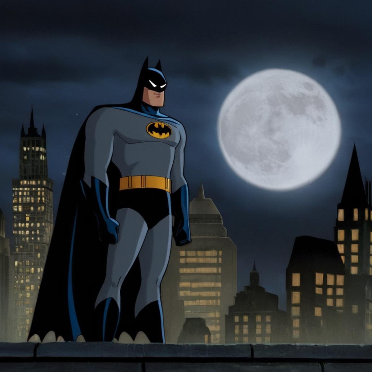 Hyperrealistic art of Batman a batman animated scene with a full moon in the background In Gotham City Universe,  Extremel...