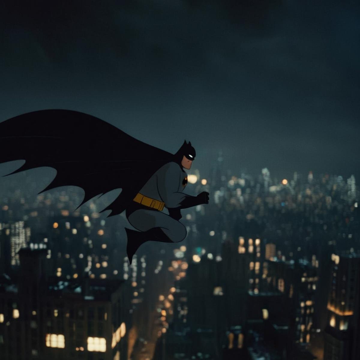 cinematic film still of Batman a batman flying over a city at night In Gotham City Universe,  shallow depth of field,  vig...