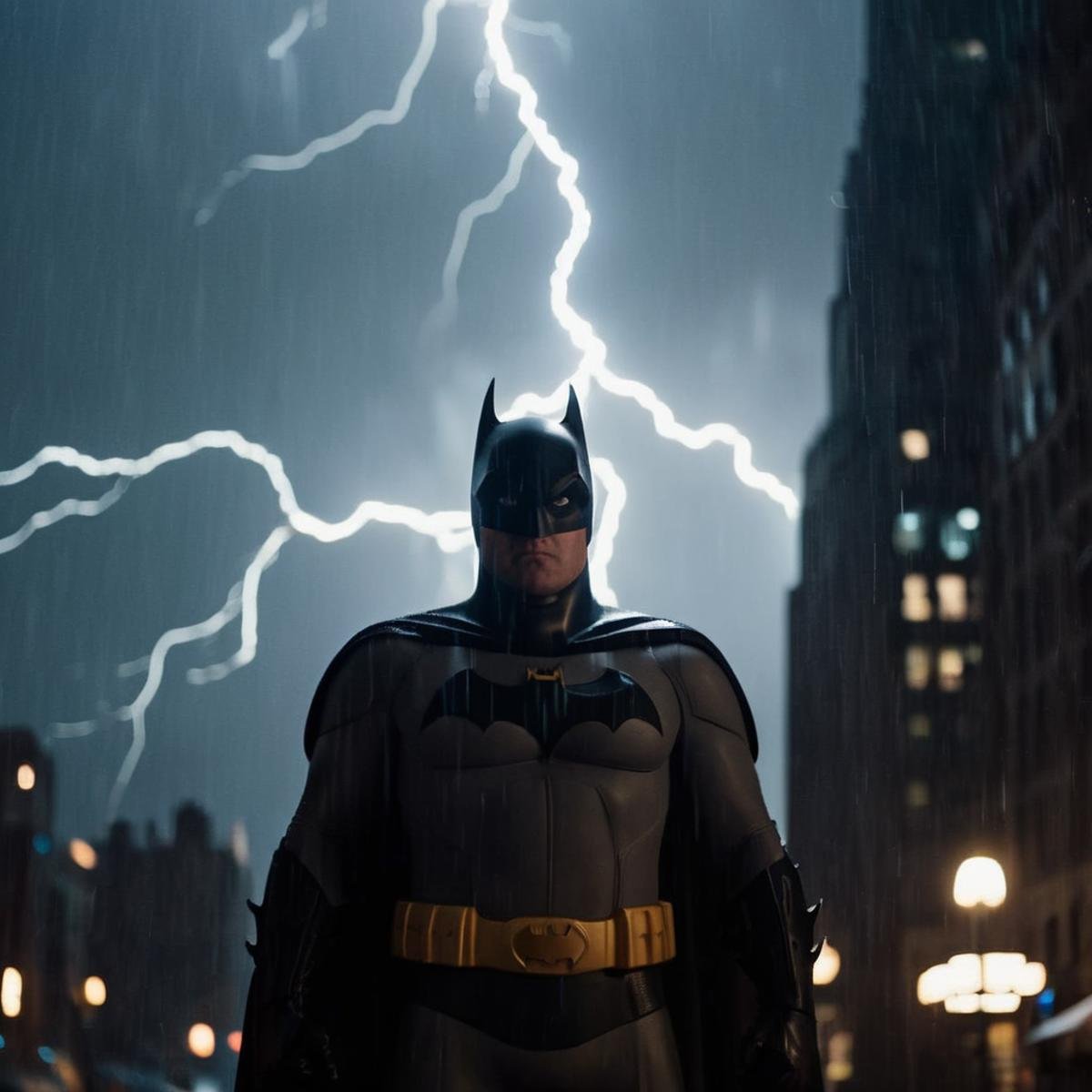 cinematic film still of a closeup on batman silhouetted standing in front of a lightning bolt in stormy rainy weather In G...