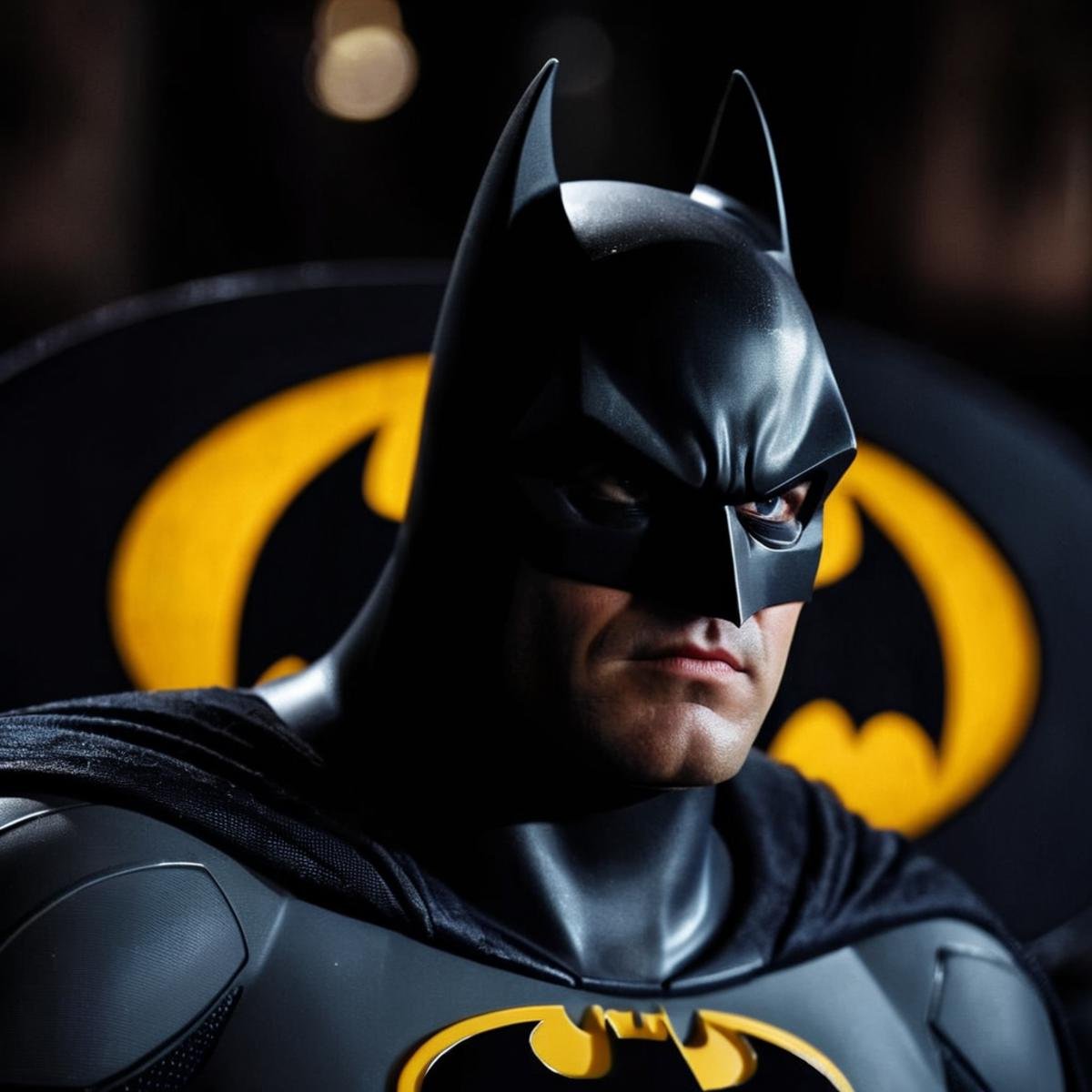 cinematic film still of Batman batman logo on a black background In Gotham City Universe,  shallow depth of field,  vignet...