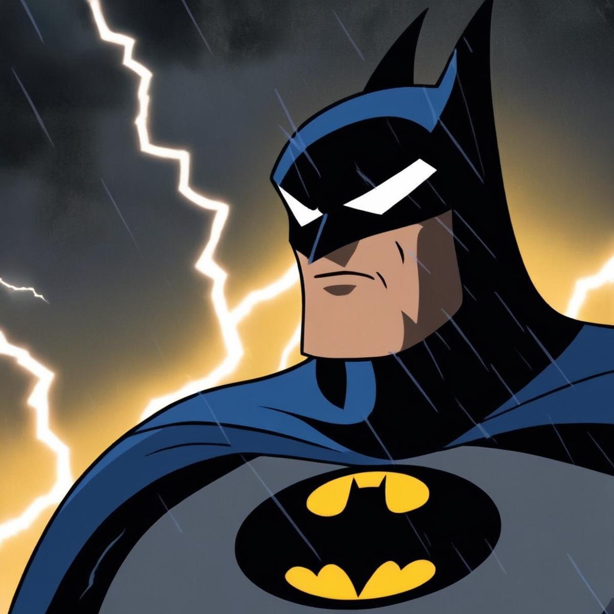 Gothic style,  a closeup on batman silhouetted standing in front of a lightning bolt in stormy rainy weather In Gotham Cit...