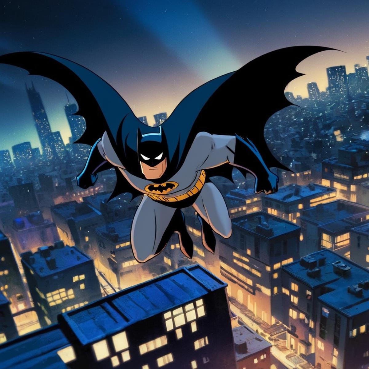 anime artwork of Batman a batman flying over a city at night In Gotham City Universe,  anime style,  key visual by EauDeNo...