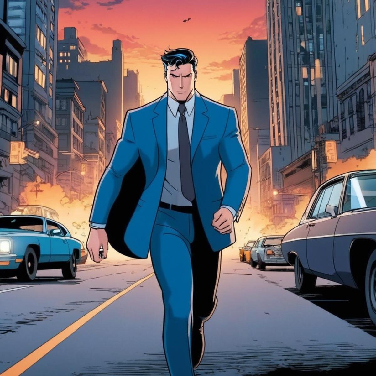 anime artwork of Bruce Wayne a cartoon of a man in a blue suit chased by a running car in the background In Gotham City Un...