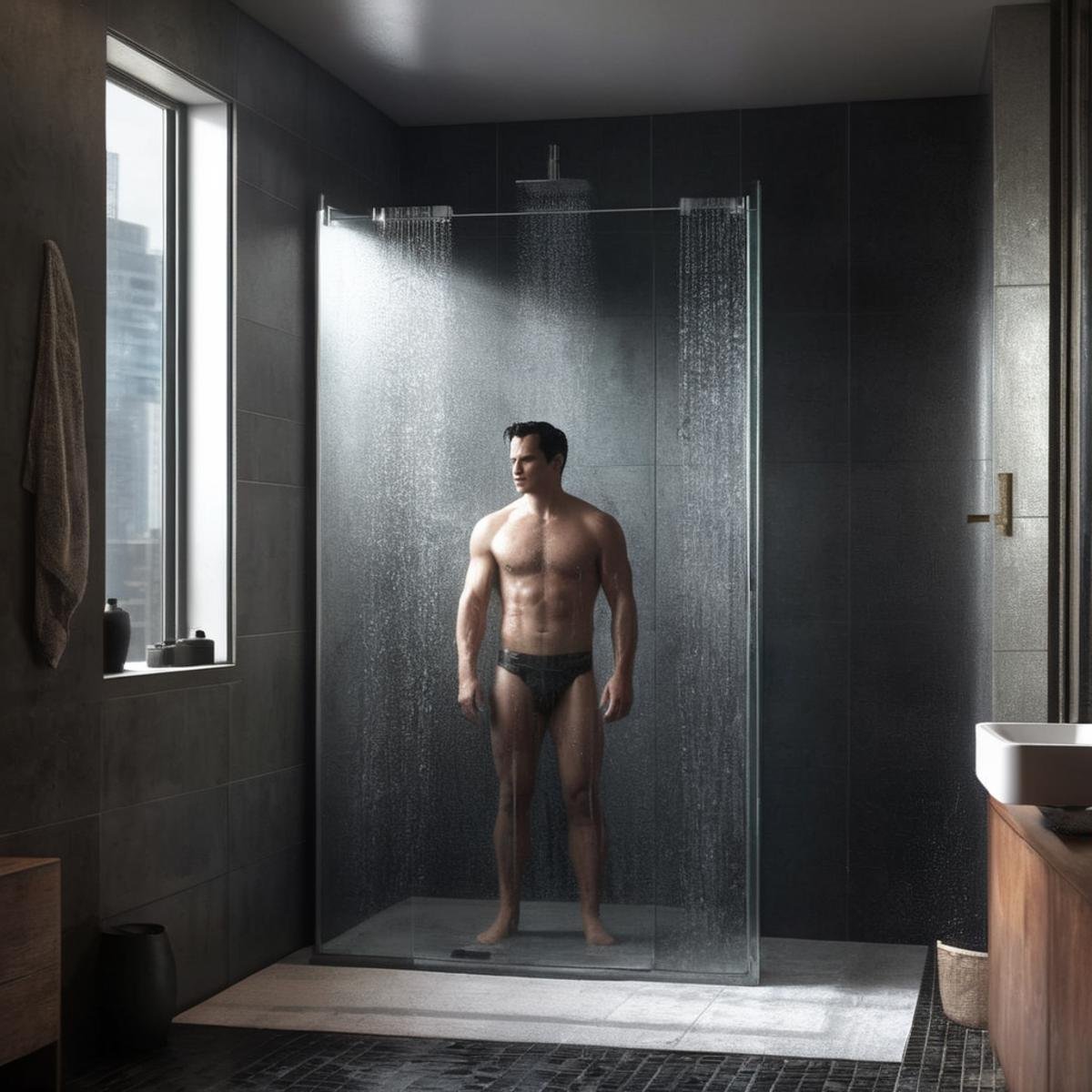 Hyperrealistic art of Bruce Wayne a naked man standing in a shower with a glass door In Gotham City Universe,  Extremely h...