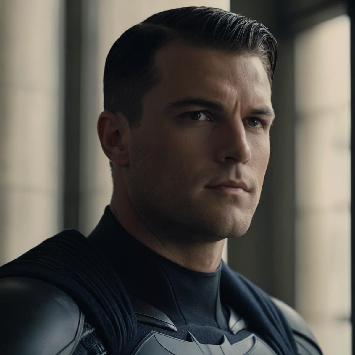 cinematic film still of Bruce Wayne a young man with a shaved head leaning against a wall In Gotham City Universe,  shallo...