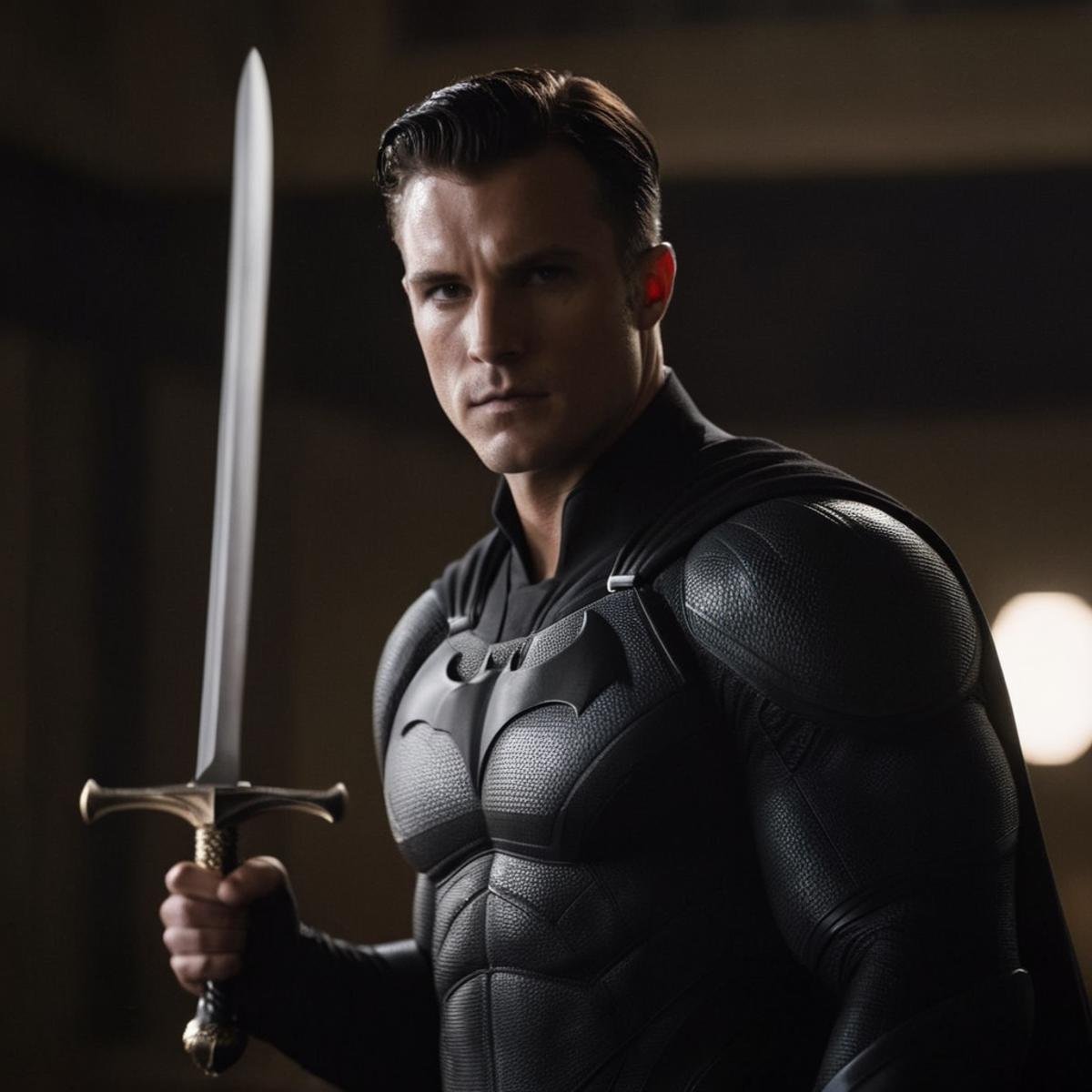 cinematic film still of Bruce Wayne a young man holding a sword in a dark room In Gotham City Universe,  shallow depth of...