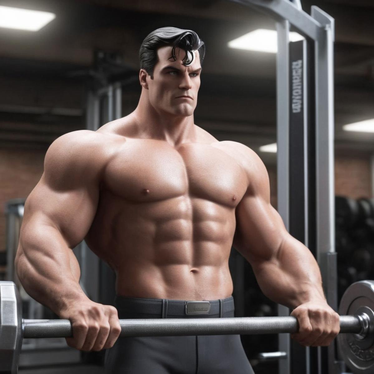 Hyperrealistic art of Bruce Wayne a cartoon body building character working out at gym In Gotham City Universe,  Extremely...