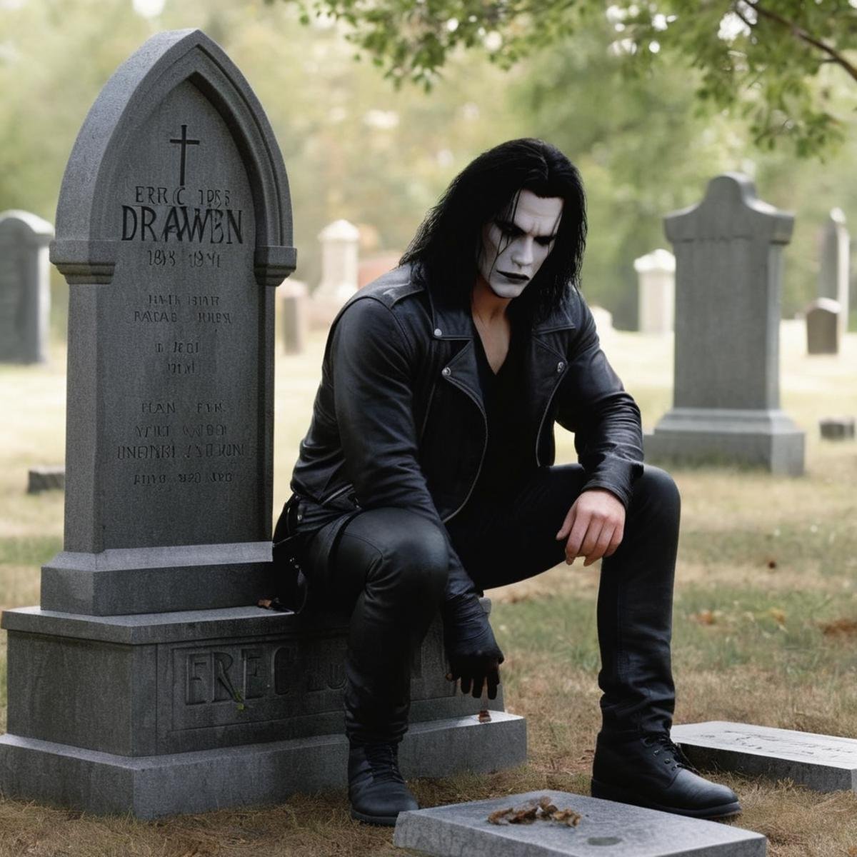 Hyperrealistic art of 1980's Eric Draven choppy hair a man leaning against a grave tombstone with his head down In the gra...