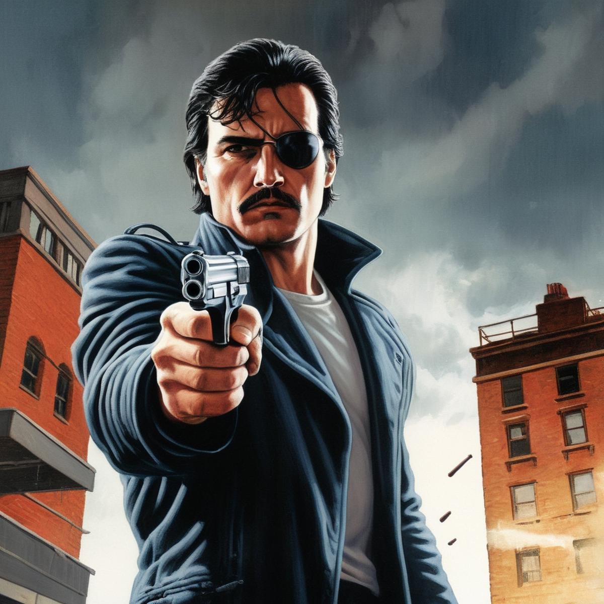 Hyperrealistic art of 1980's a low angle of a criminal man aiming a gun in his hand to the camera In graphic novel style,...