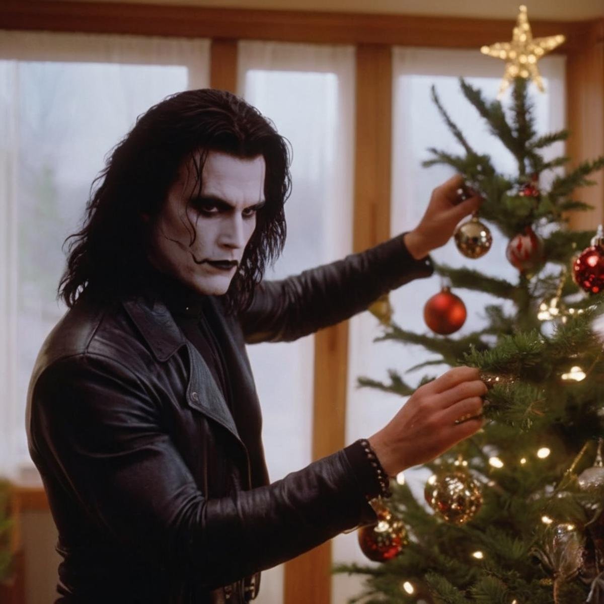 cinematic film still of 1980's Eric Draven choppy hair a painting of a man decorating a Christmas tree In graphic novel st...