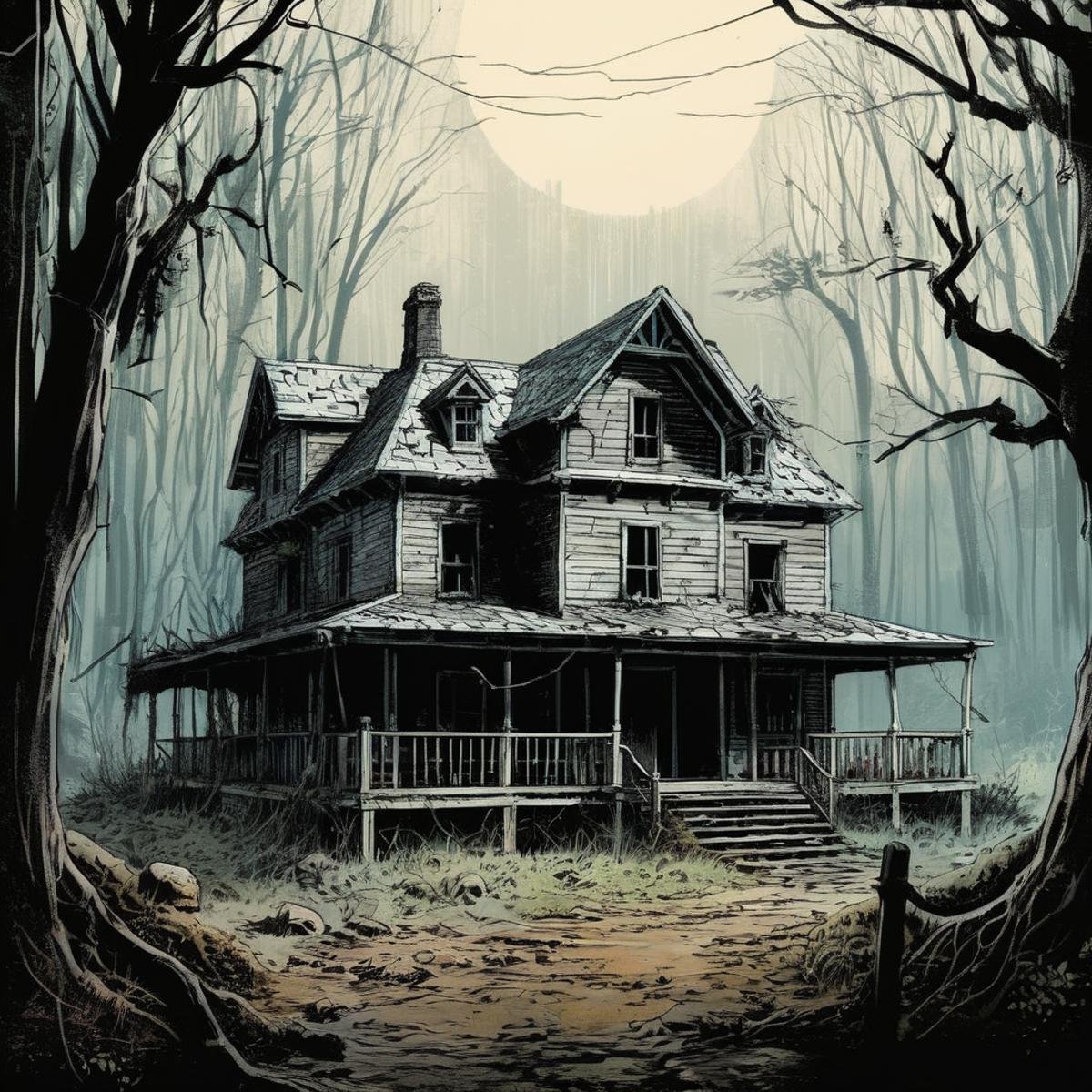 concept art of 1980's a manga comic drawing of an old house abandoned with a creepy look in the woods In graphic novel sty...