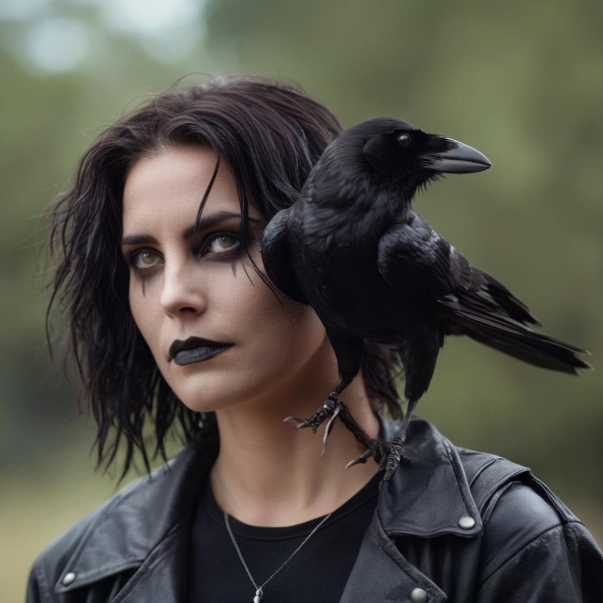 cinematic film still of Female version of Eric Draven choppy hair a woman with a crow on her shoulder In graphic novel sty...
