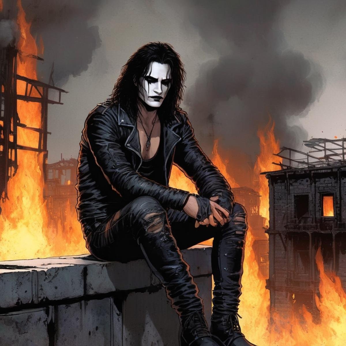 concept art of 1980's Eric Draven choppy hair a manga drawing of a man sitting on a ledge in a burned wrecked city with fi...