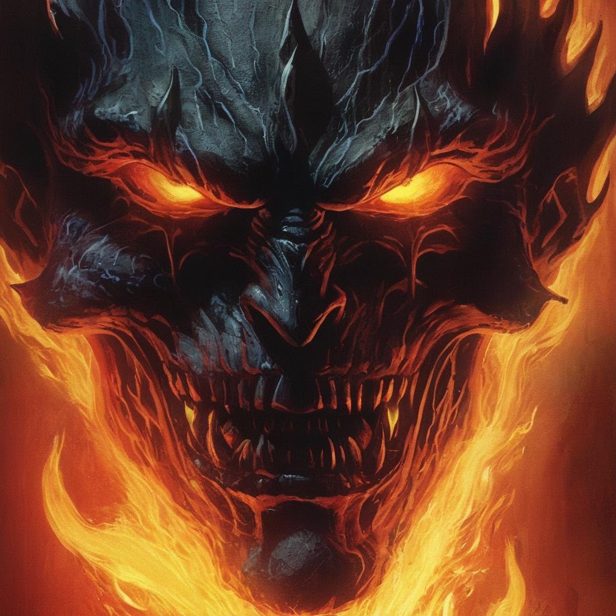 concept art of 1980's a close up of a demonic face with flames In the graphic novel style,  digital artwork,  illustrative...