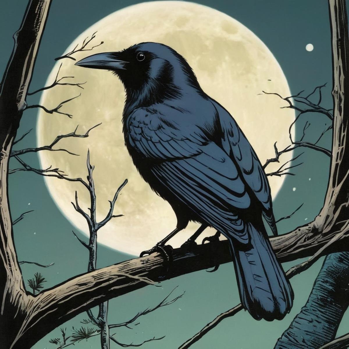 comic book art of 1980's a black bird sitting on a branch in front of a full moon graphic novel style,  comic art,  graphi...