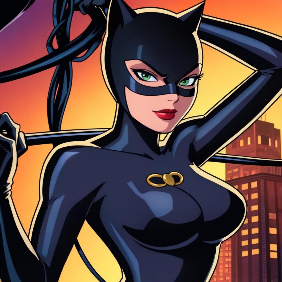 anime artwork of Catwoman a cartoon catwoman is holding a whip In Gotham City Universe,  anime style,  key visual by EauDe...