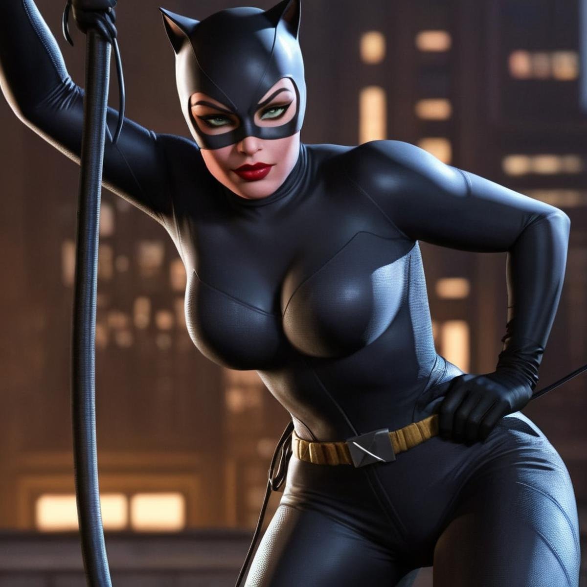 Hyperrealistic art of Catwoman a cartoon catwoman is holding a whip In Gotham City Universe,  Extremely high-resolution de...