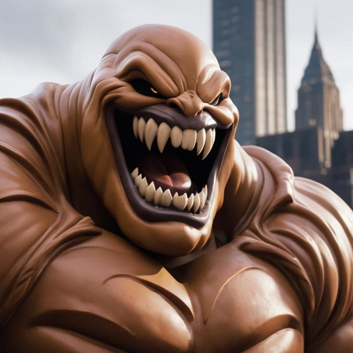 Hyperrealistic art of Clayface a cartoon of a monster with a big grin In Gotham City Universe,  Extremely high-resolution...