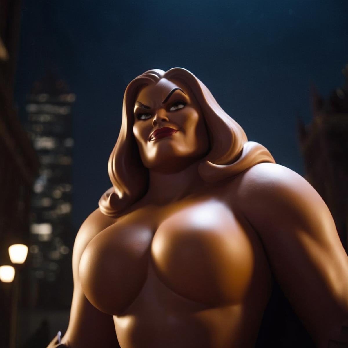 cinematic film still of Clayface a cartoon of a woman with a very big breast In Gotham City Universe,  shallow depth of fi...