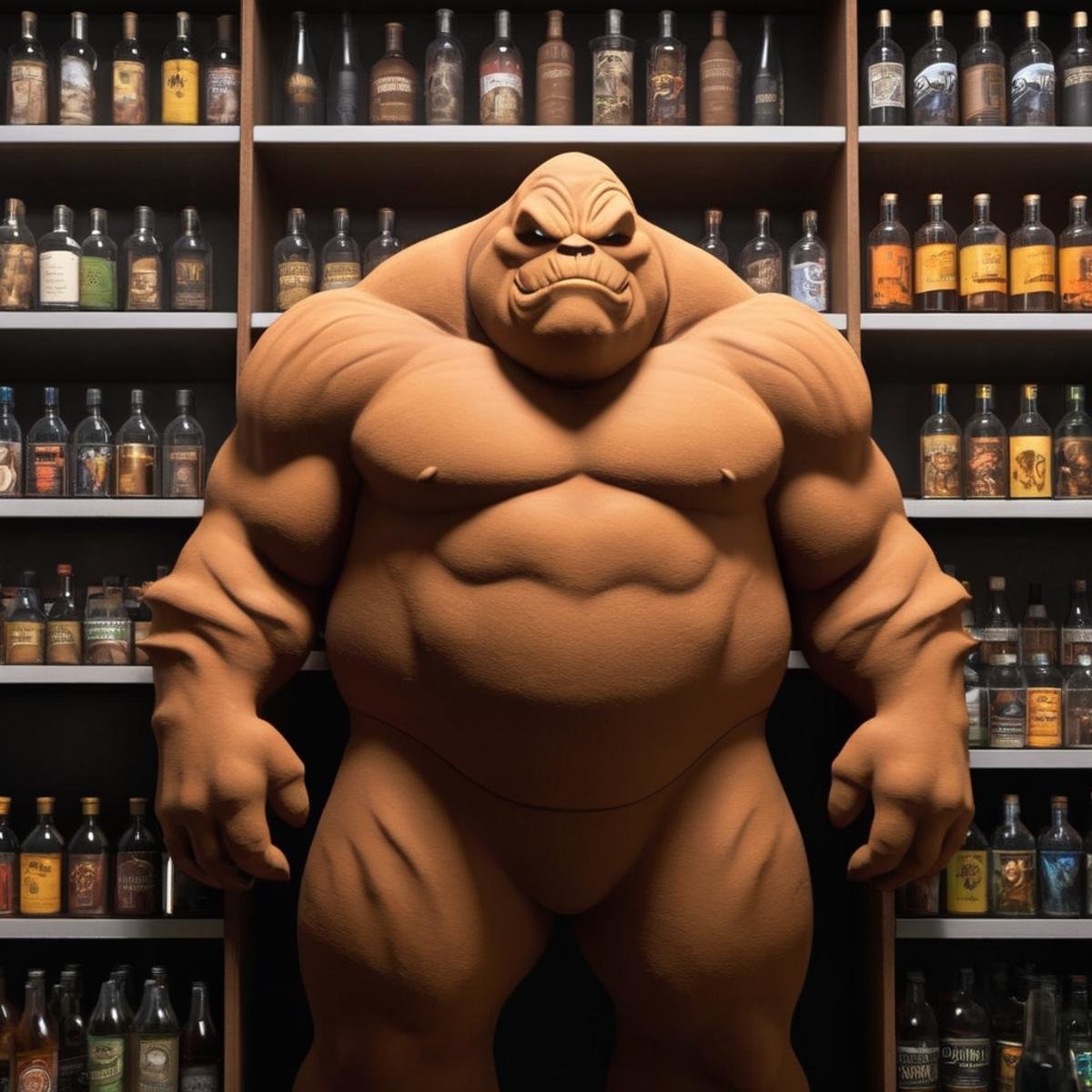 Hyperrealistic art of Clayface a cartoon creature standing in front of a shelf of bottles In Gotham City Universe,  Extrem...