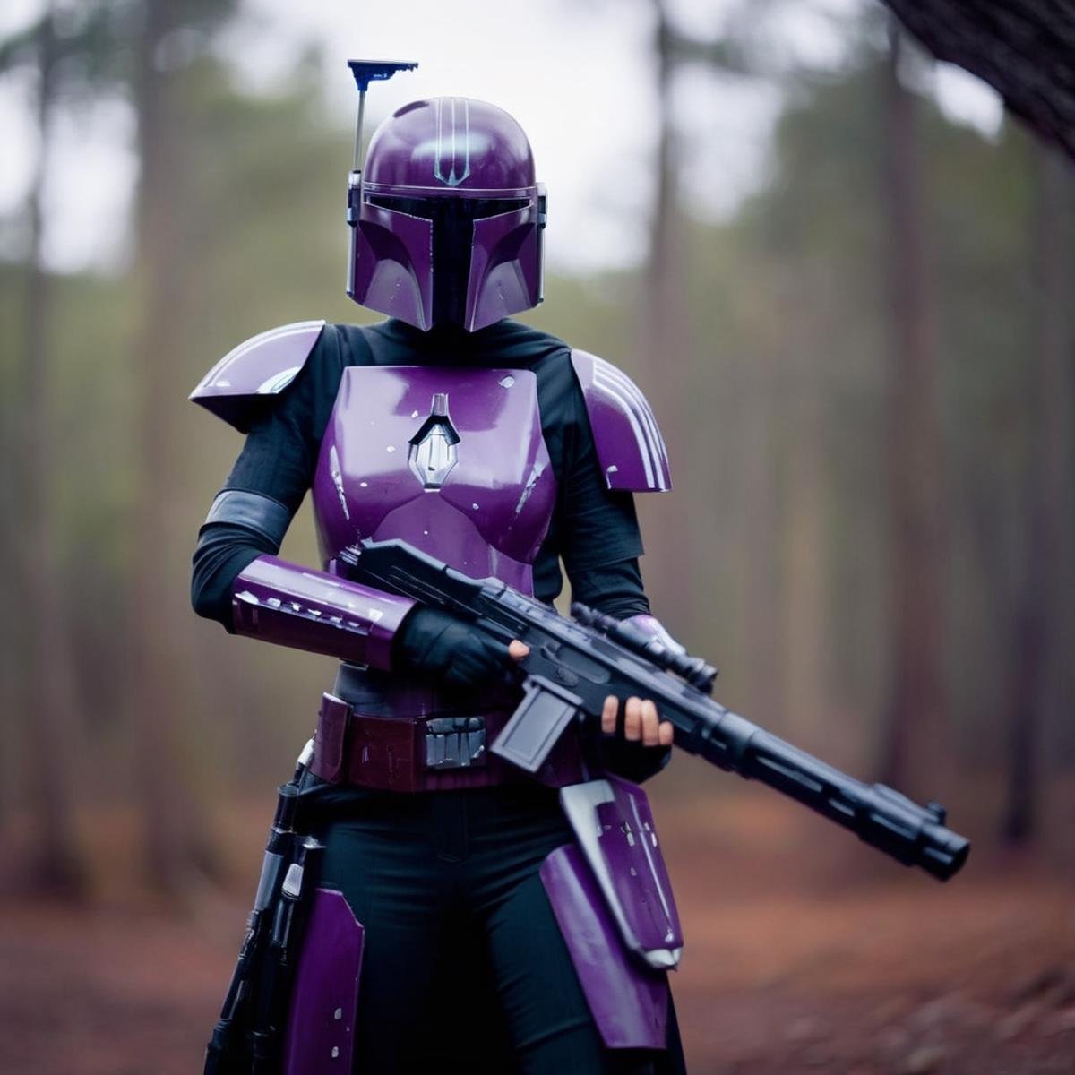 cinematic film still of in star wars universe a woman in a purple outfit holding a gun Mandalorian style,  shallow depth o...