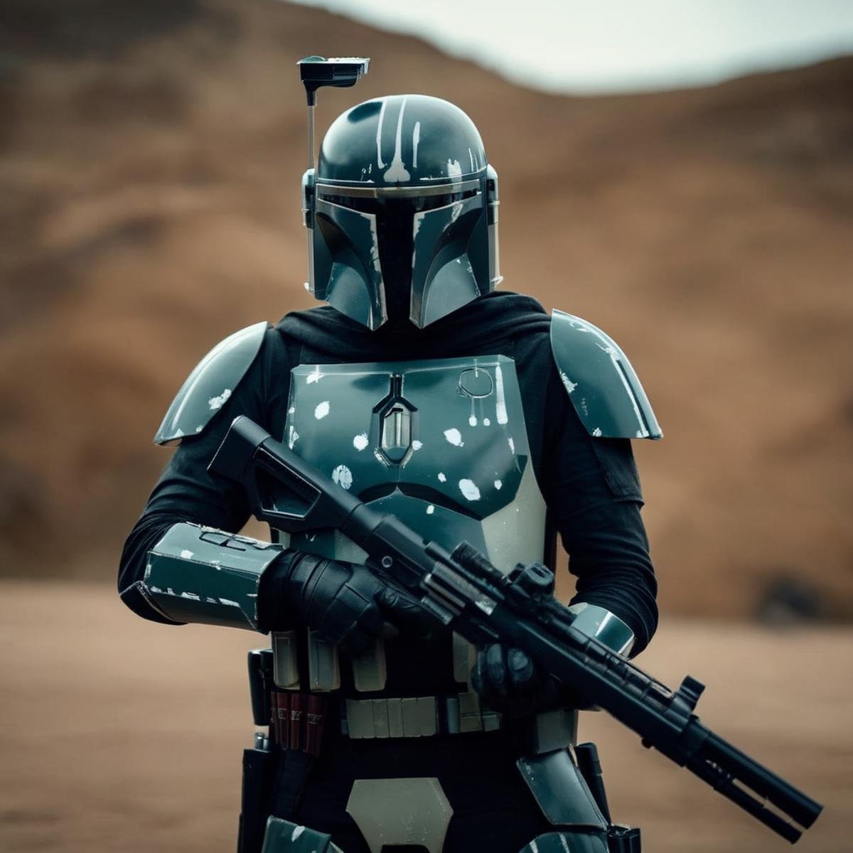 cinematic film still of in star wars universe a man in a tactical military helmet modern warfare and uniform holding a rif...