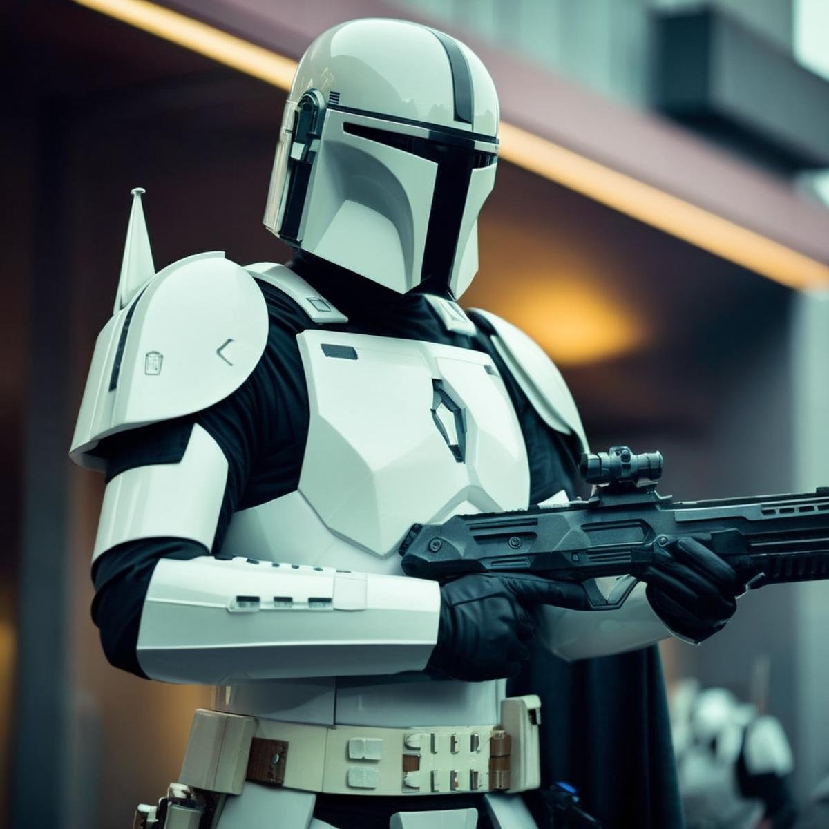 cinematic film still of in star wars universe a blonde white man in a futuristic suit with a gun Mandalorian style,  shall...