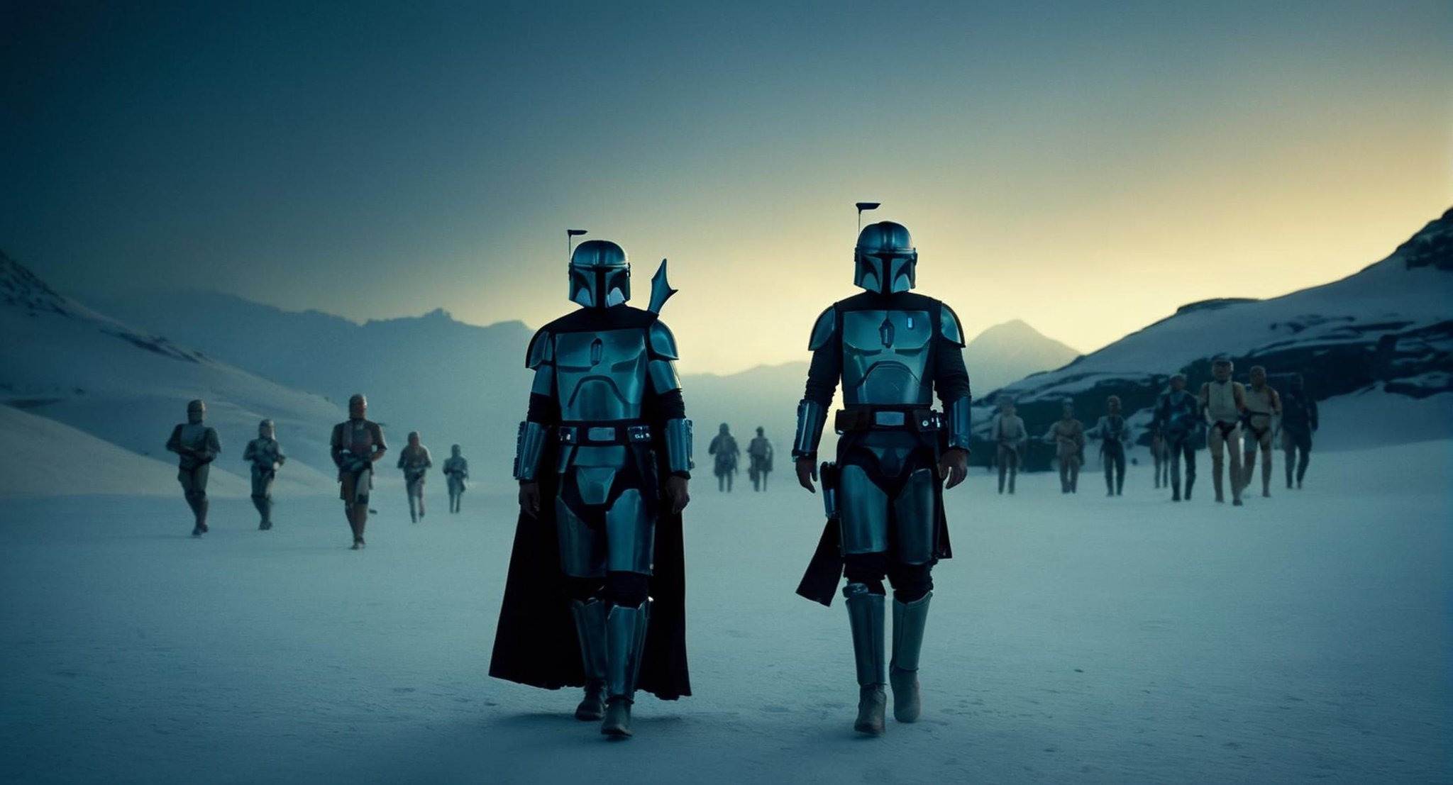 cinematic film still of in star wars universe a group of people in star wars the clone wars at blue night sky with star an...