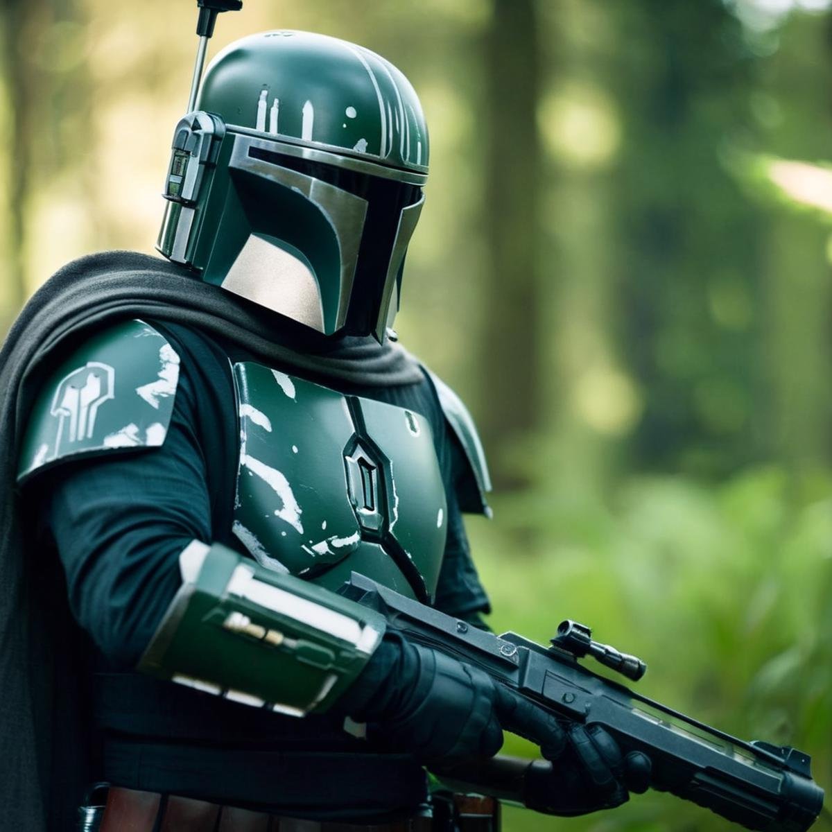 cinematic film still of in star wars universe a man in a green helmet and armor holding a gun Mandalorian style,  shallow...