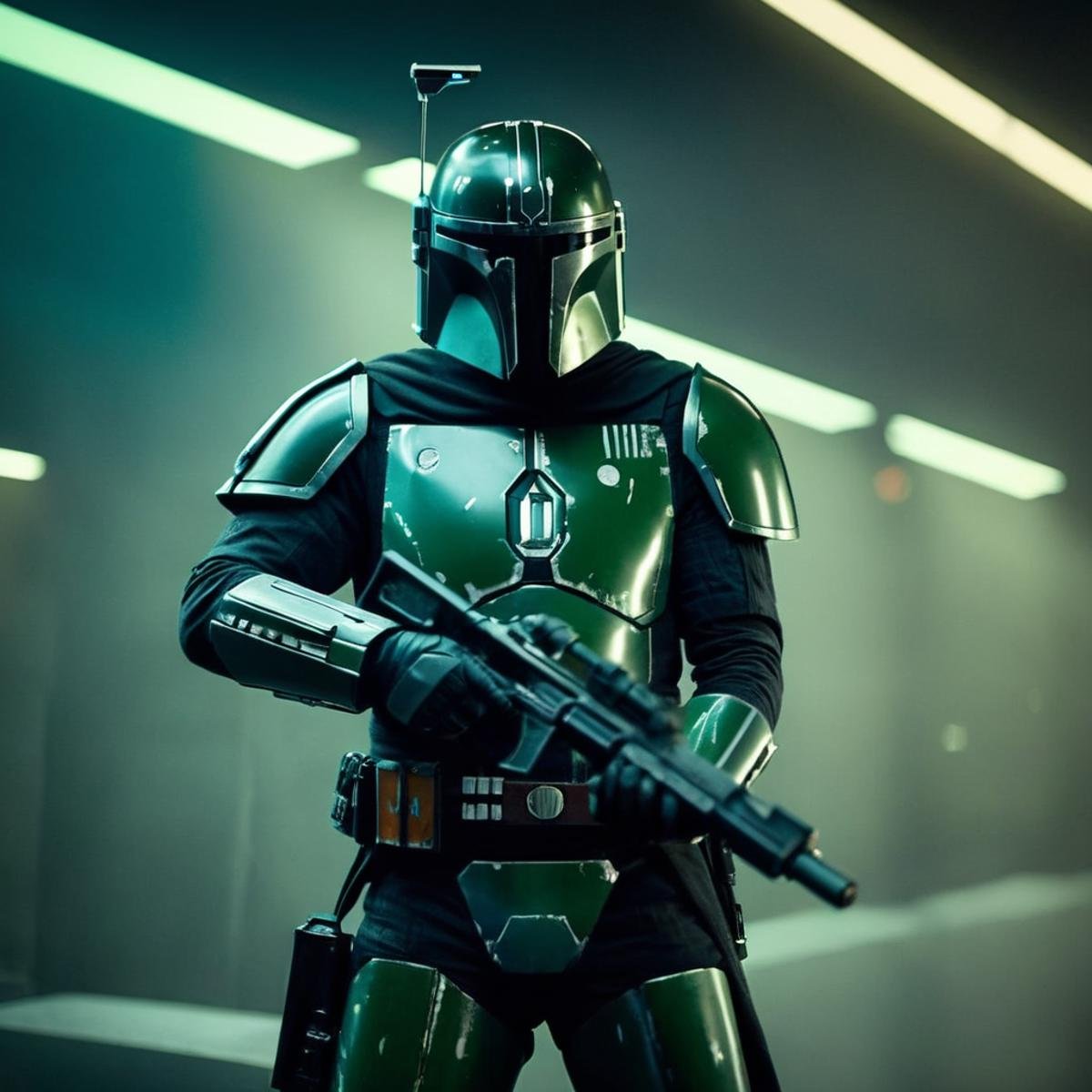 cinematic film still of in star wars universe a man in a black green armor suit holding a gun Mandalorian style,  shallow...