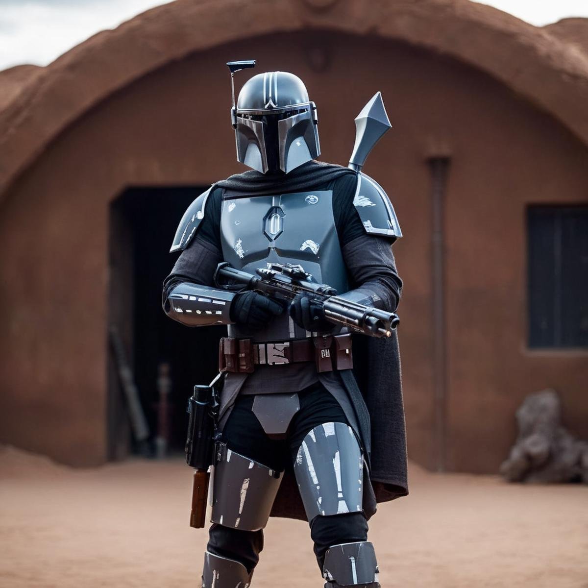 cinematic film still of in star wars universe a man in a star wars rusty grey costume holding a gun Mandalorian style,  sh...