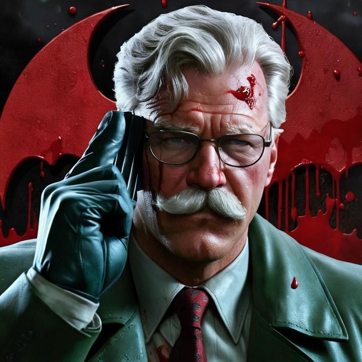 Hyperrealistic art of Commissioner Gordon a bleeding man with blood covering his face and his hand in Gotham city universe...