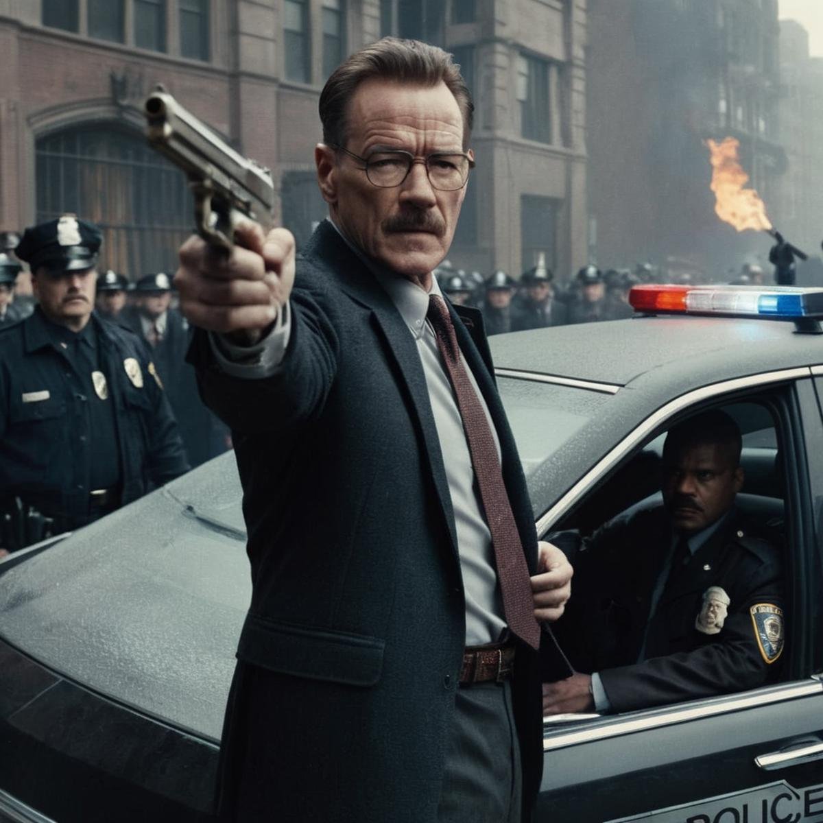 Gothic style,  An epic movie scene starting Bryan Cranston as Commissioner Gordon a man holding a gun in front of a police...