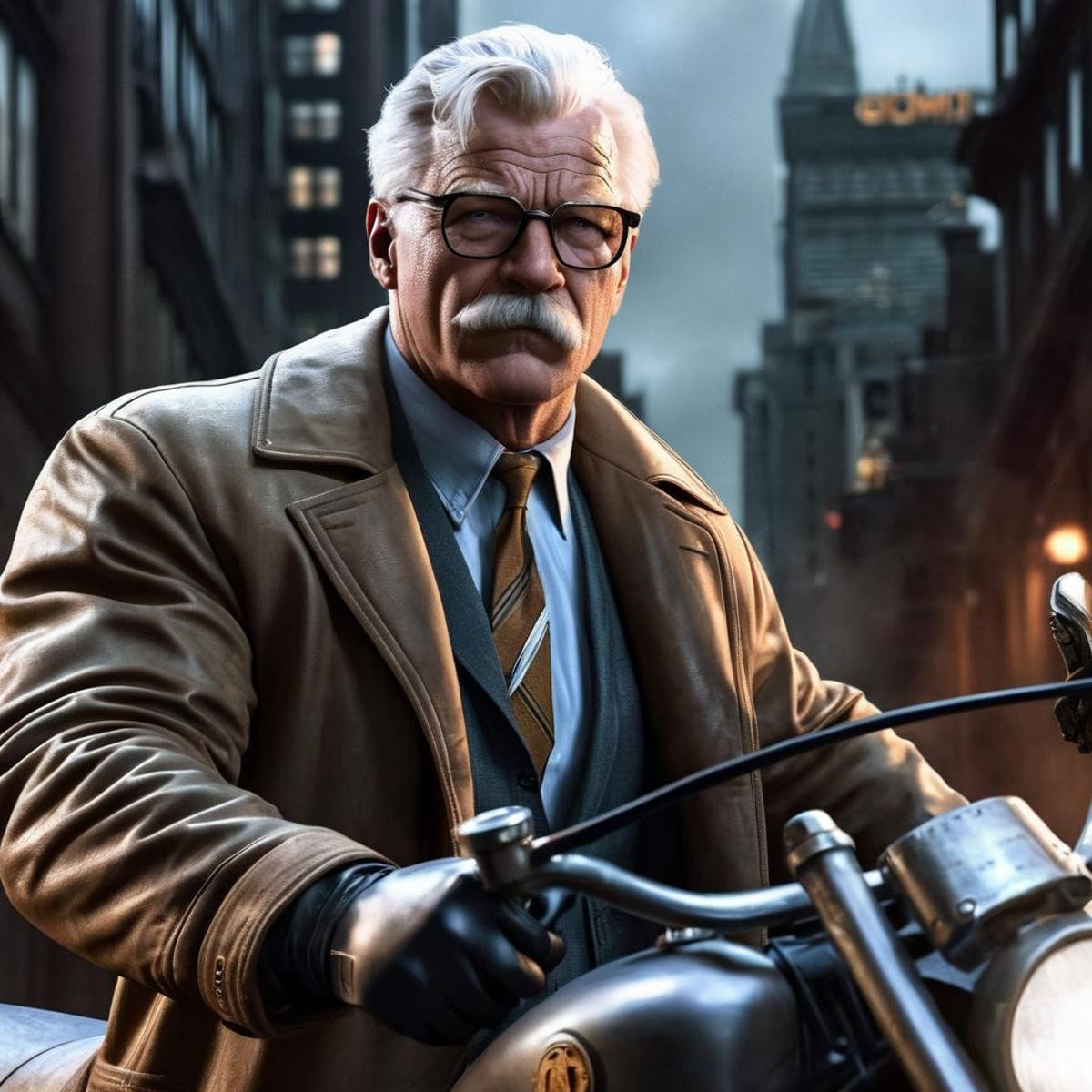 Hyperrealistic art of Commissioner Gordon a man holding a gun and a motorcycle in Gotham city universe,  Extremely high-re...