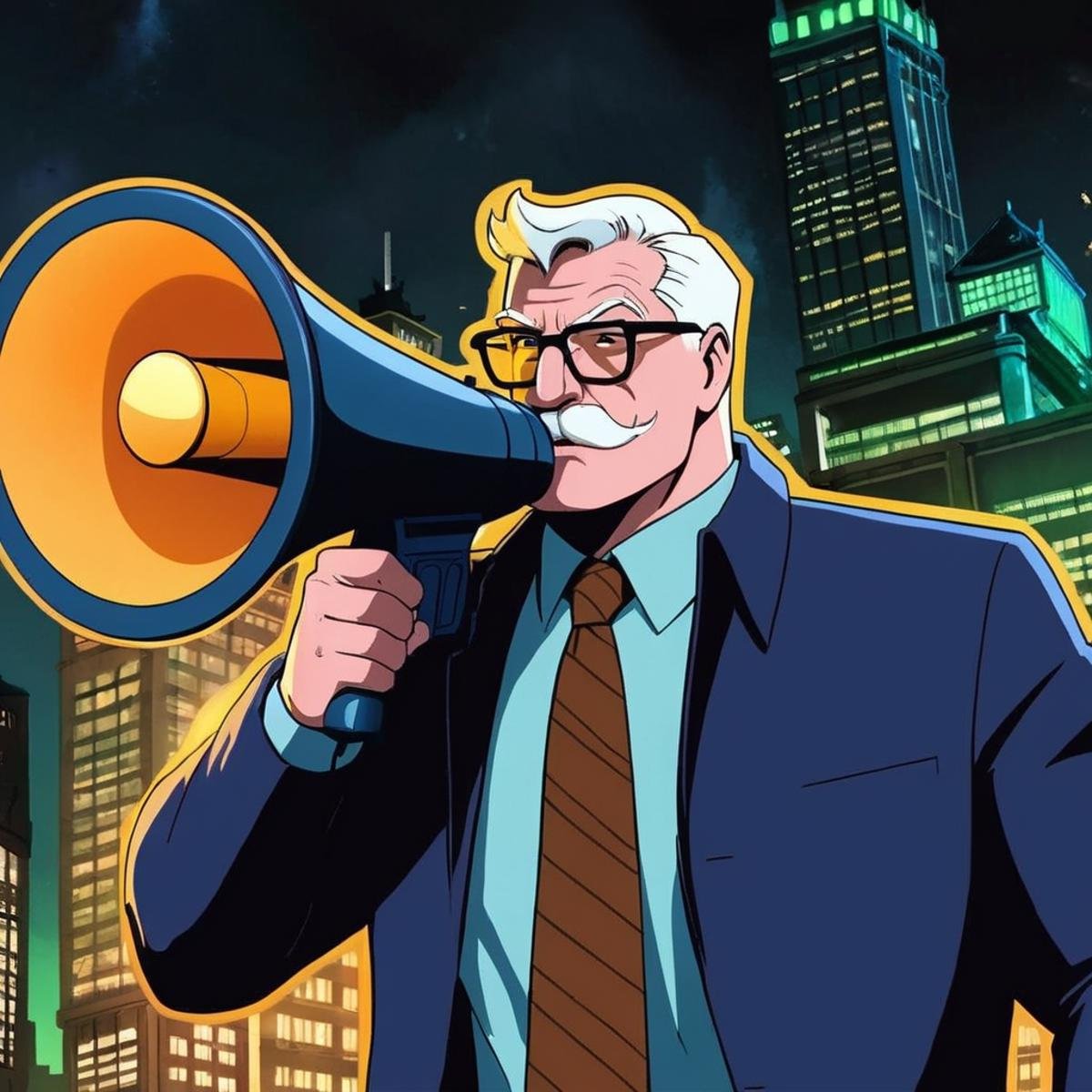 anime artwork of Commissioner Gordon a man in a suit and tie holding a megaphone in Gotham city universe,  anime style,  k...