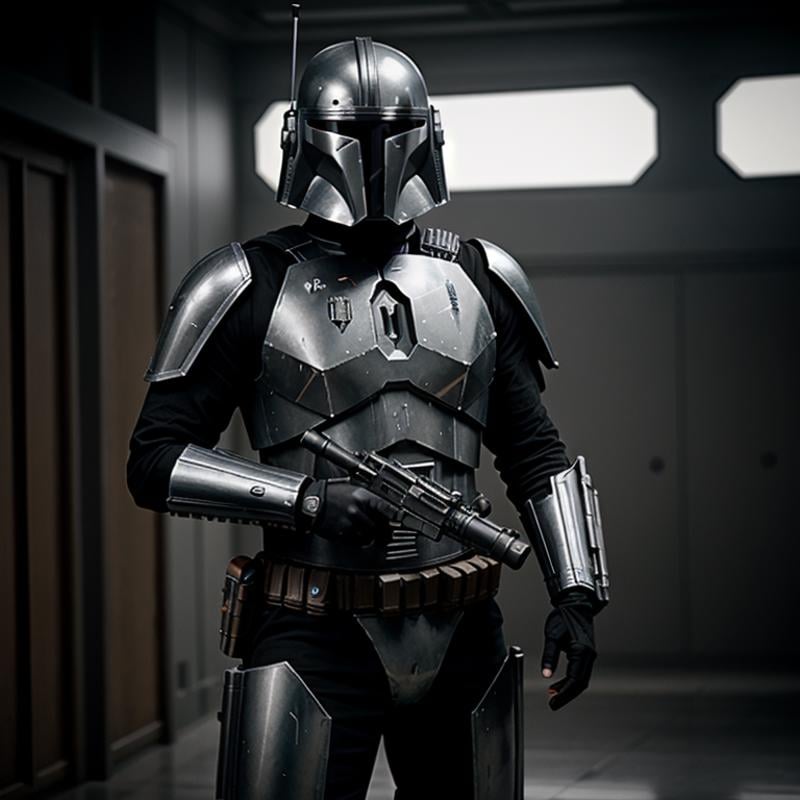 cinematic film still of in star wars universe a man in a metallic rusty grey boba suit holding a gun Mandalorian style,  s...